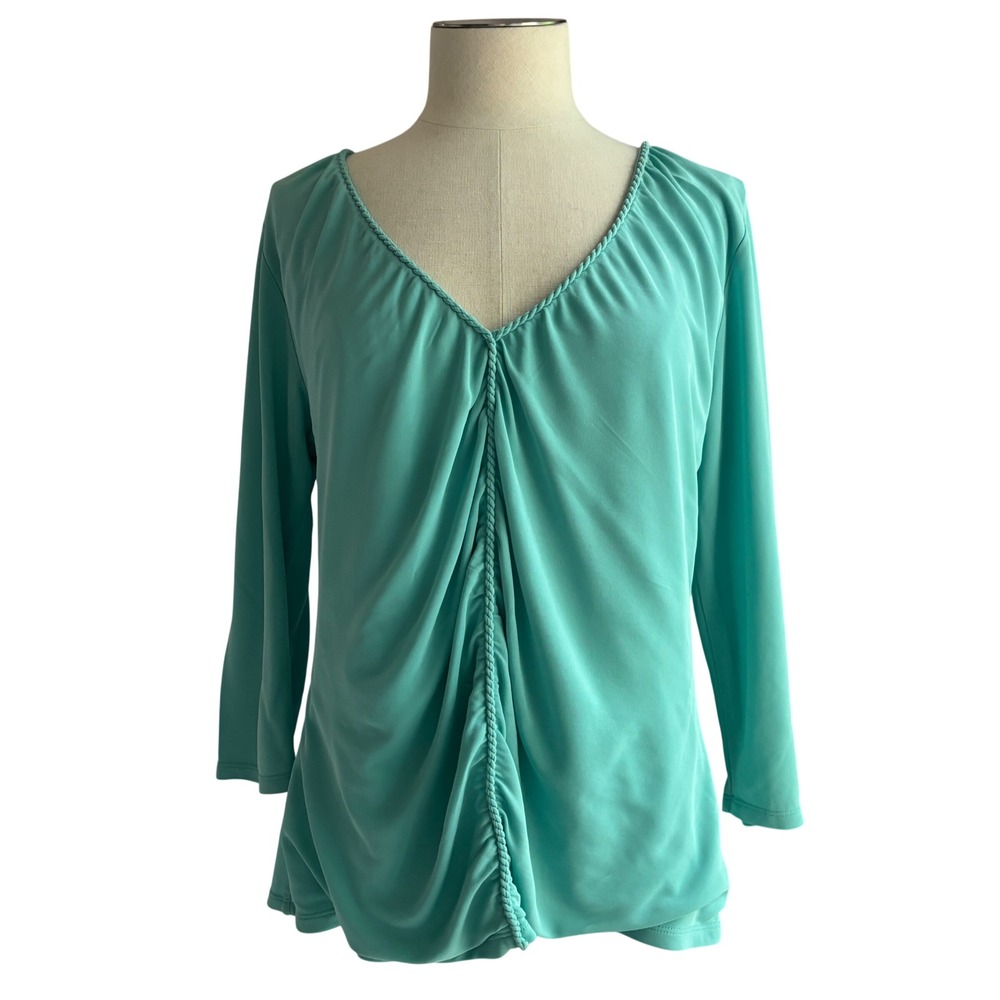Ellen Tracy 100% Silk Top Women L Turquoise Braided V-Neck Ruched Long‎ Sleeve